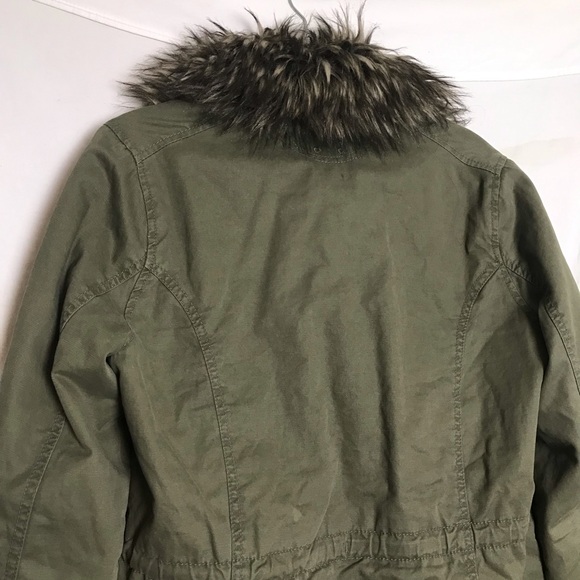 Hollister Army Green Removable Fur Trim Button Up Utility Jacket Coat Women Sz L - Picture 9 of 16